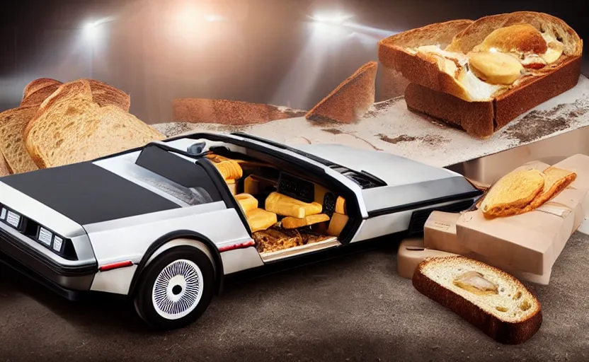 Image similar to a time-traveling delorean styled toaster with toast, bread inserted into slot, professional product shot, magazine ad