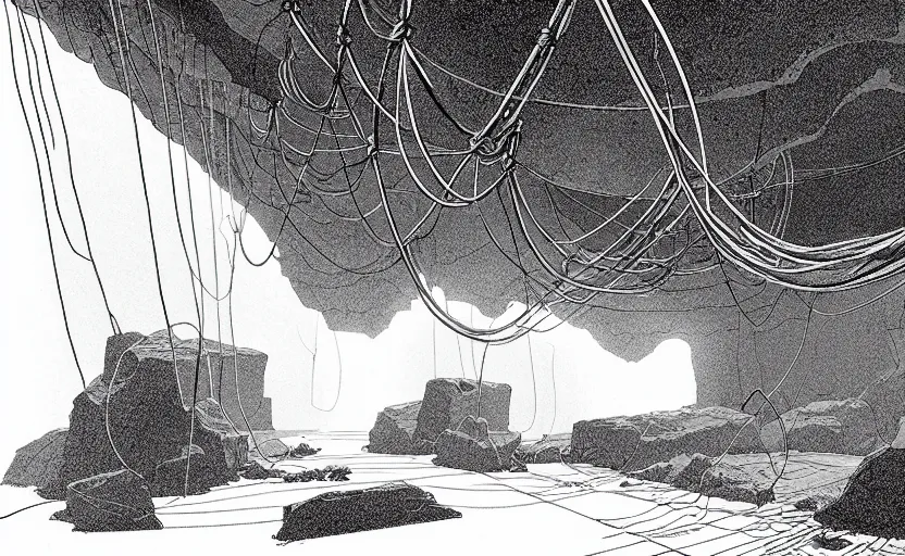 Image similar to natural cave, dynamic light, cables on ceiling and walls, some old props on the ground, mist low over ground, illustration by james gurney and josan gonzales, clean line, minimalistic