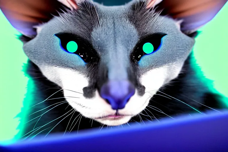 Image similar to a blue - and - black male blue / green heterochromatic catbat fursona with blue / green heterochromatic eyes ( one eye green ) and huge bat ears, photo of the catbat streaming on his computer