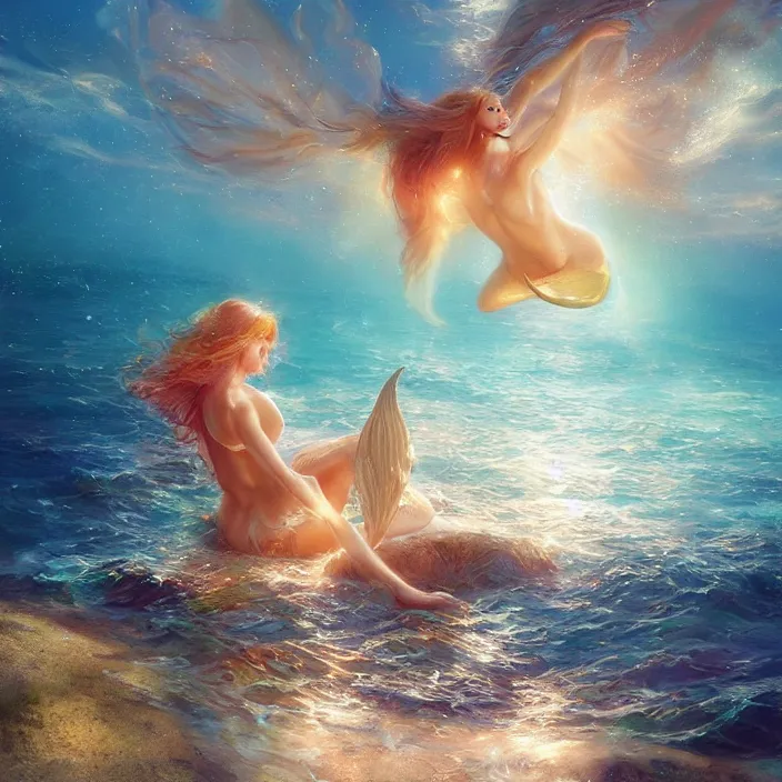 Image similar to glimmering mermaid relaxing beach, dolphins, golden hour, god rays, coral reef, dreamscape by artgerm and ruan jia and ismail inceoglu and greg olsen, cosmos, milky way galaxy, masterpiece, beautiful, intricate, elegant, highly detailed