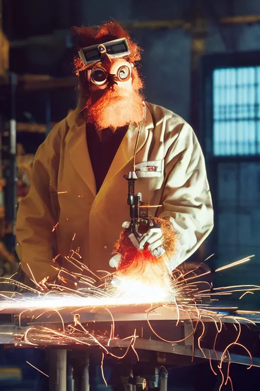 Prompt: an awkwardly tall scientist with a tangled beard and unruly red hair atop his balding head wearing a headlamp a labcoat and welding goggles and holding a beaker, high resolution film still, movie by Ivan Reitman