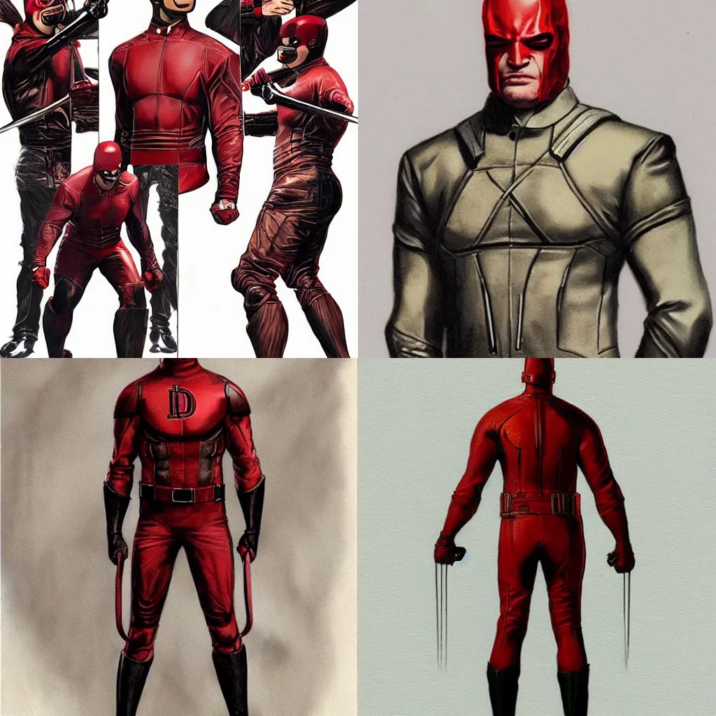 Image similar to daredevil concept art leather suit billy stick painted by jc leyendecker