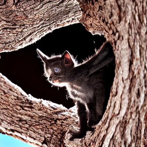 Prompt: a bat kitten, in a tree, wings folded, Nikon, telephhoto
