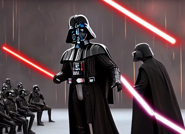 Prompt: film still of Darth Vader conducting and orchestra in the new Star Wars movie, 4k