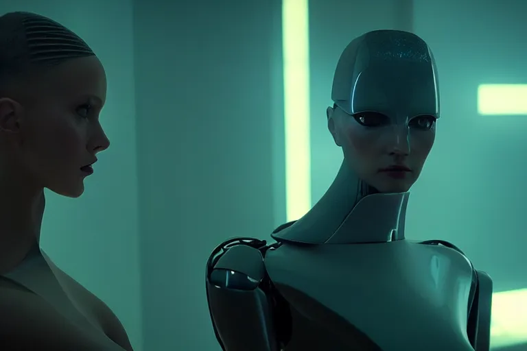 Image similar to film still of closeup sleek futuristic humanoid robot in blade runner 2 0 4 9, lobby, cinematic, moody, gritty neon noir by emmanuel lubezki