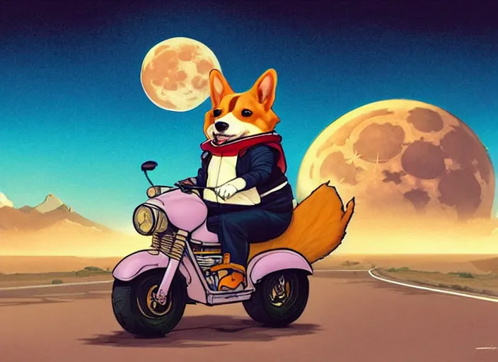 Image similar to a cell shaded cartoon corgi riding a motorcycle, with a big head, on a desert road, wide shot, in front of a big moon, muted colors, post grunge, josan gonzales, wlop, by james jean, victor ngai, hq, deviantart, art by artgerm