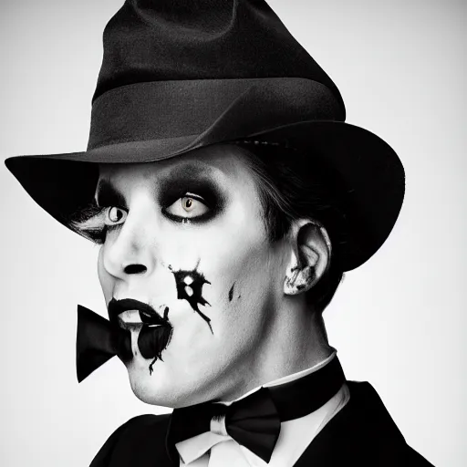 Image similar to a beautiful fashion portrait photograph of a friendly good looking zombie in a tuxedo, studio harcourt, black and white, fashion photography, paolo roversi, richard avedon, chiaroscuro, trending on artstation, ultradetailed, octane render, 4 k, unreal engine, 5 0 mm, sharp focus, studio light photography, high definition, irving penn,