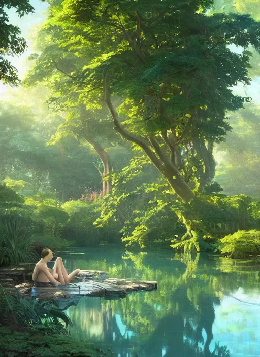 Prompt: a secluded pool in a verdant wetland, extremely detailed oil painting, unreal 5 render, rhads, sargent and leyendecker, savrasov levitan polenov, bruce pennington, studio ghibli, tim hildebrandt, digital art, landscape painting, octane render, beautiful composition, trending on artstation, award winning photograph, masterpiece