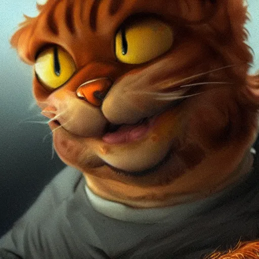 Image similar to close up of garfield with lasagna realistic shaded, fine details, realistic shaded lighting poster by greg rutkowski