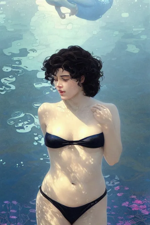 Prompt: beautiful cottagecore of a girl with short black curly hair, round face, cute face, wearing a bikini. Underwater. intricate, elegant. highly detailed, digital painting, artstation, concept art, smooth, sharp, focus, illustration. art by artgerm and greg rutkowski alphonse mucha and Marat Safin