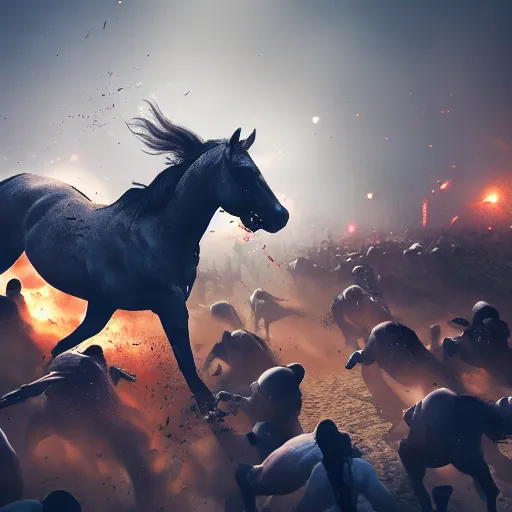 Prompt: an horse attacking a horde of humans in a battlefield, explosions, foggy, dust, dirt, cinematography, photography, realistic, detailed,