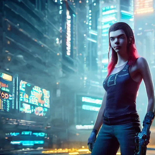 Prompt: Anya Taylor-Joy I'm cyberpunk 2077 unreal engine 5 4k volumetric lighting hyperdetailed photorealism HDR