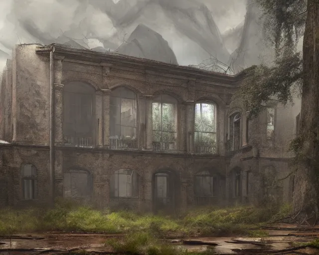 Prompt: A ruined school, heavy rain, full of trees, amazing scale, detailed matte painting, oil on canvas, digital art, trending on Artstation, HD, 4k, post-processing, landscape