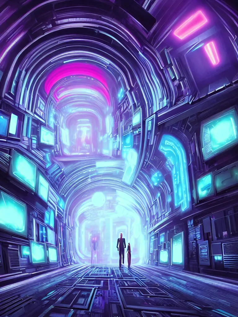 Prompt: entrance to mainframe ethereal realm, ai sentient, rendered in unreal engine, central composition, symmetrical composition, dreamy colorful cyberpunk colors, 6 point perspective, fantasy landscape with anthropomorphic terrain in the styles of igor morski, jim warren and rob gonsalves, intricate, hyperrealistic, volumetric lighting, neon ambiance, distinct horizon
