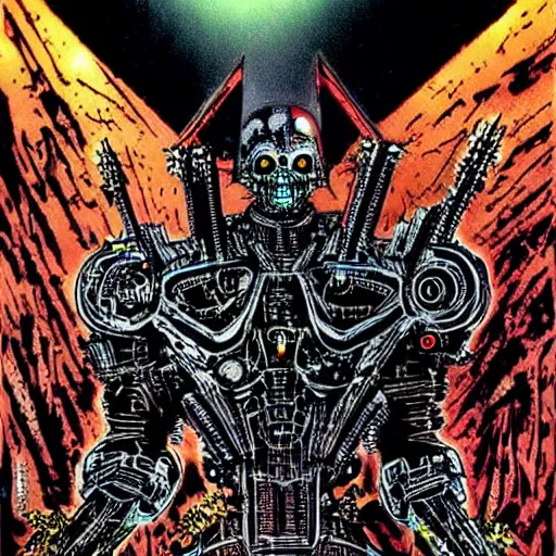 Image similar to cyborg undead Warrior, dark metal pyramids in the background, art by Philippe Druillet