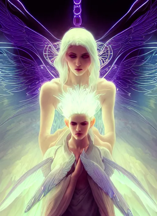 Image similar to a beautiful white haired angel with delicate wings, intricate concept art, ethereal, ominous, mysterious, enchanted, magic, dramatic lighting, illuminated lines, outrun, vaporware, illuminated runes, cyberpunk darksynth, dark background, 8 k, by ruan jia and krenz cushart and alphonse mucha