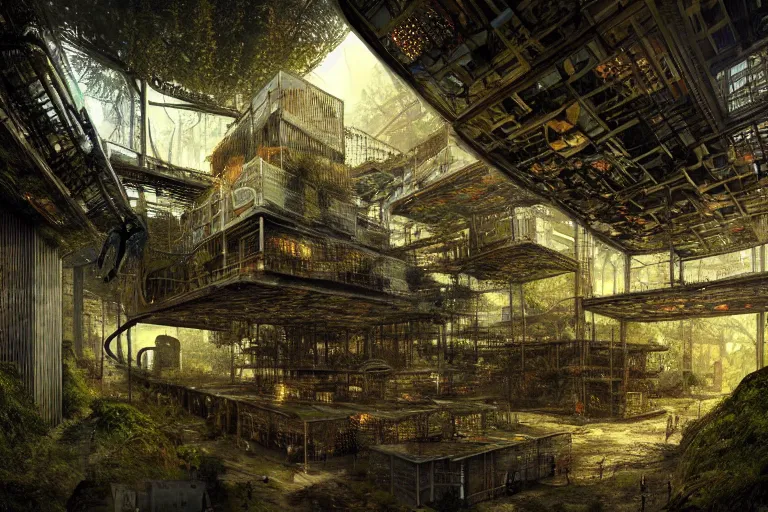 Image similar to favela winding cybernetic hive, wooded environment, industrial factory, haunting, award winning art, epic dreamlike fantasy landscape, ultra realistic,