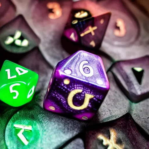 Image similar to dungeon and dragons dice with glowing runes, realistic photography, high detailed