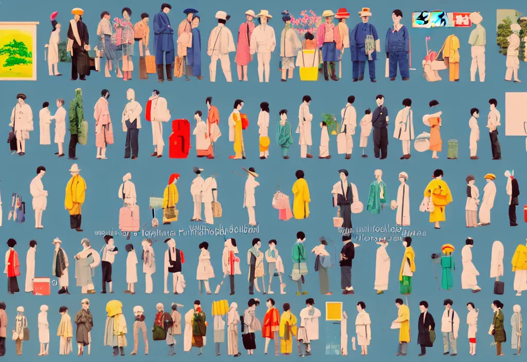 Image similar to full frame a single image, a row of a several european tourists standing with a variety of poses and props, several character designs, rural japan, a collage painting, in the style of wes anderson, lola dupre, david hockney, isolated on negative white space background dark monochrome neon spraypaint accents volumetric octane render