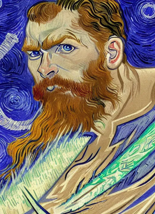 Prompt: close-up of character concept portrait of a Thor conjuring a violent royal blue thunder, a floating iridescent blade sword of chaos from God of War in the center, intricate, elegant, digital painting, concept art, smooth, sharp focus, illustration, by Vincent van Gogh