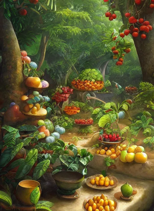 Prompt: a beautiful painting of pots filled with fruits and food in the jungle, close up, abundance, art by christophe vacher