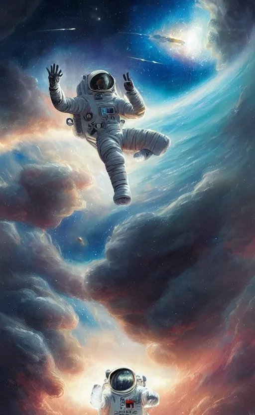 Image similar to a beautiful artwork illustration, astronaut hovering in space galactic nebula, by greg rutkowski and jesper ejsing and raymond swanland, featured on artstation, wide angle, vertical orientation