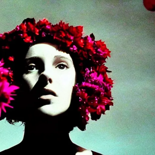 Image similar to movie still of the girl with the flowers head, cinematic composition, cinematic light, by edgar wright and david lynch, surrealist art, surreal wave art