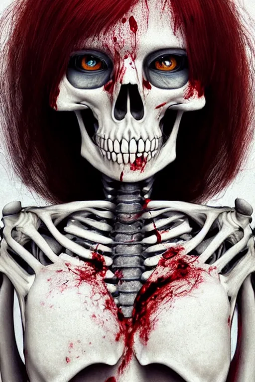 Prompt: skeleton black bones full body!!, covered with blood, rolyatistaylor face!!, long red hair, beautiful blue eyes, ultra realistic, concept art, intricate details, highly detailed, photorealistic, octane render, 8 k, unreal engine. retro film still, heavy grain, 3 5 mm, art by artgerm and greg rutkowski and alphonse mucha