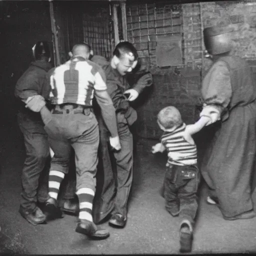 Image similar to vintage monochrome photograph of the minions pushing a young man into a prison cell, 8k, ominous