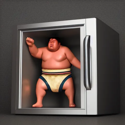 Prompt: 3 d render of a sumo wrestler trapped inside of a microwave