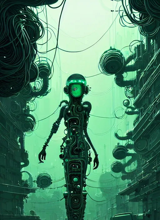 Image similar to highly detailed portrait of a biopunk long curly white hair tribal lady, stray wiring by atey ghailan, james gilleard, by joe fenton, by greg rutkowski, by greg tocchini, by kaethe butcher, 4 k resolution, gradient green, black and white color scheme!!! ( ( green slime robotic dystopian city background ) )