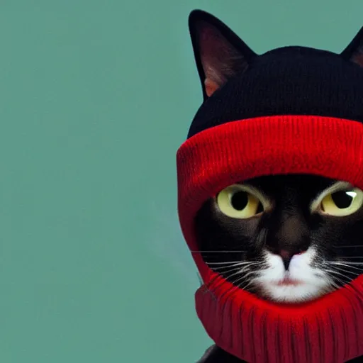 Prompt: a cat wearing a red ski mask beanie over its face with black ski goggles, photorealistic