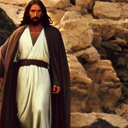 Image similar to a film still of jesus ( from the bible ) in star wars 1 9 7 7, realistic, photorealistic