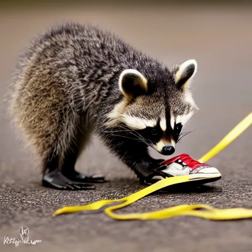 Image similar to a cute baby raccoon playing with a white sneaker shoe, strings undone, highly detailed, award winning, national geographic wildlife photo, bokeh, 5 0 mm f 1. 4, soft lighting