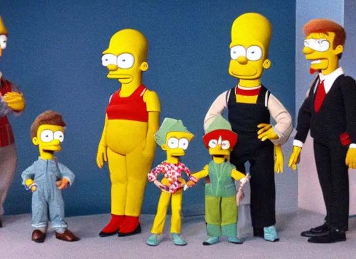 Image similar to still from a live - action tv show in the style of thunderbirds with marionette puppets, starring the characters of the simpsons in springfield. wooden puppets wearing clothing made of fabric. photographic ; realistic ; highly - detailed.