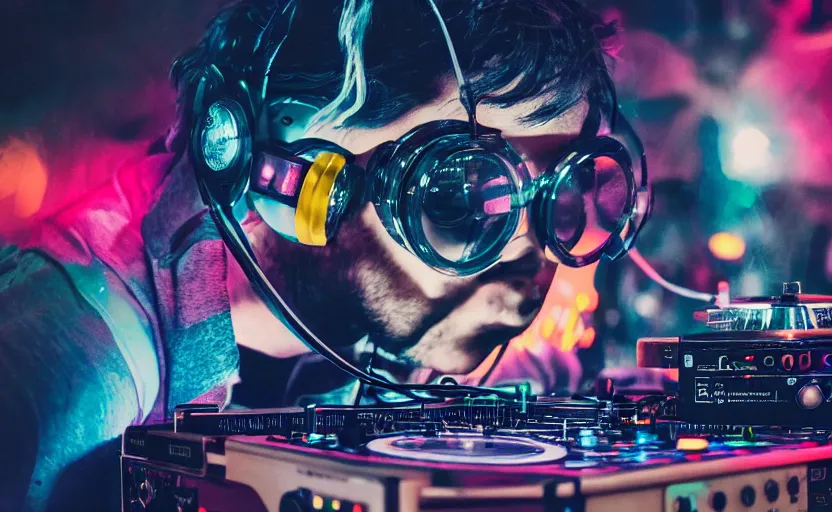 Prompt: a person wearing goggles and visor and headphones using a retro record player contraption, wires and tubes, turntablism dj scratching, intricate planetary gears, cinematic, imax, sharp focus, leds, bokeh, iridescent, black light, fog machine, hazy, lasers, hyper color digital art