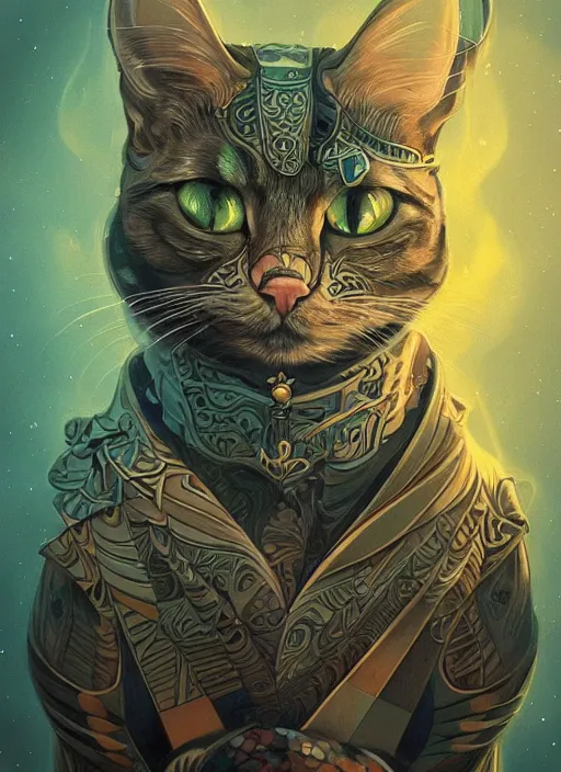 Image similar to geometric cat portrait, identical eyes, medium shot, fantasy, illustration, detailed line work, symmetrical, acid vintage color palette, artstation, hyper detailed, cinematic lighting, incredibly detailed and intricate, ornate, by peter mohrbacher