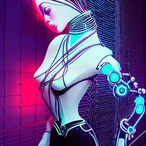 Prompt: a stunning magic robot woman with cybernetic enhancements, wires, led lights, organic, futuristic, by zaha hadid and artgerm and beeple