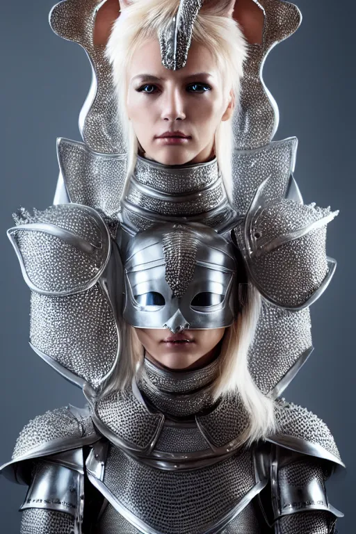 Image similar to female knight wearing a real cat on her head, armor designed by wayne barlowe, swarovski and tiffany, blonde hair, symmetry, sci - fi, cinematic, elegant, luxury, perfect light, perfect composition, dlsr photography, sharp focus, dark fantasy, 4 k, ultra hd, sense of awe, highly detailed, realistic, intricate