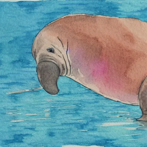 Prompt: cute manatee drinking tea detailed watercolor and colored pencil painting 4 k