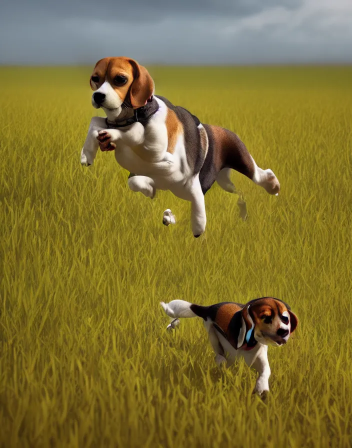 Image similar to a beagle running in a field . intricate artwork by art-station. octane render, cinematic, hyper realism, 8k, depth of field.