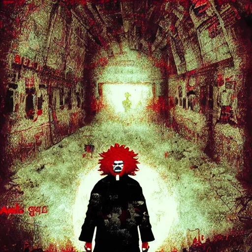 Prompt: Ronald McDonald in silent hill style. Creator is Paul Lehr