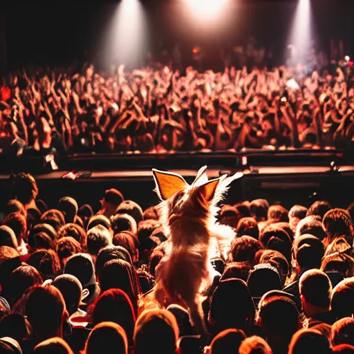 Image similar to a chihuahua performing on stage at a hip hop concert. Dancing out of focus crowd. Cyber stage design. Photograph for a magazine.