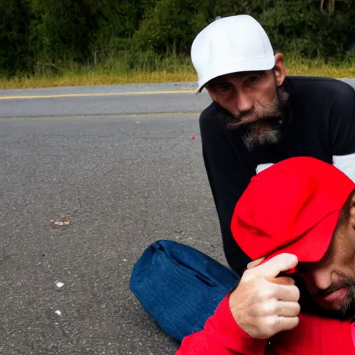 Image similar to a homeless angry man wearing mario's hat pointing the middle finger at the camera, on the side of a road, he is sitting on a sleeping bag.