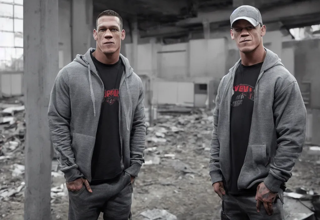 Image similar to john cena with a gray cap and a gray hoodie with the hood on. He's in a rap battle at an abandoned warehouse. Lose yourself by eminem music video.