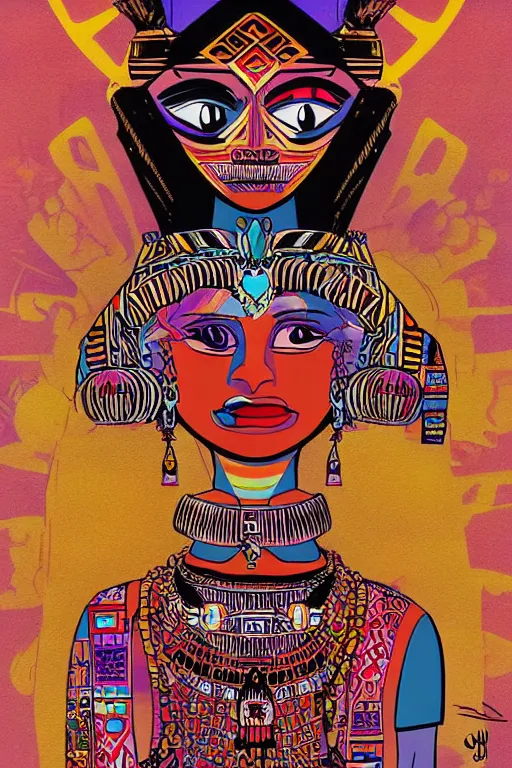 Image similar to beautiful aztec queen by jamie hewlett, jamie hewlett art, full body character concept art, vaporwave colors,