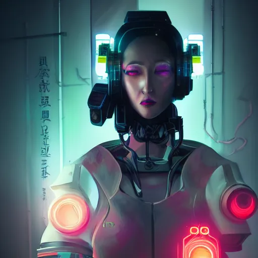 Image similar to a cyberpunk robot geisha sorceress, warcore, sharp focus, detailed, artstation, concept art, 3 d + digital art, wlop style, biopunk, neon colors, futuristic, neon noire, moody, d & d