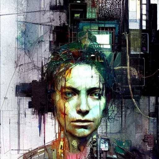 Image similar to portrait of a cyberpunk, wires, machines, in a dark future city by jeremy mann, francis bacon and agnes cecile, and dave mckean ink drips, paint smears, digital glitches glitchart c - 1 0