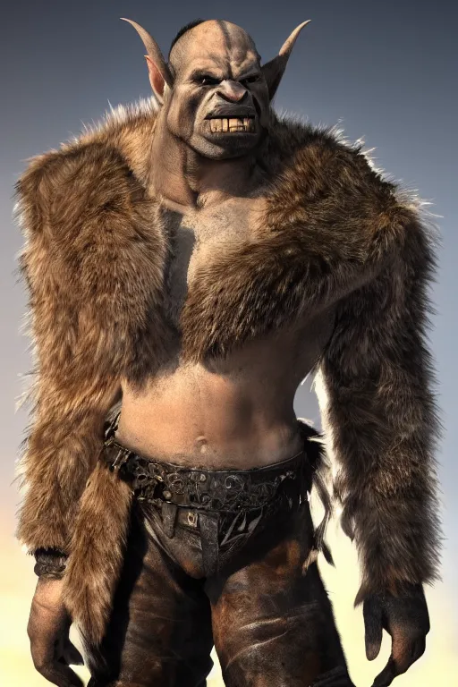 Image similar to A full body shot of a handsome orc looking into the camera wearing a leather fur jacket and boots, full body shot, detailed face, artstation, realistic, highly detailed, symmetrical, hyper realistic, dynamic pose, high detail, octane render, unreal engine, 8k, fantasy art, highly detailed, concept art