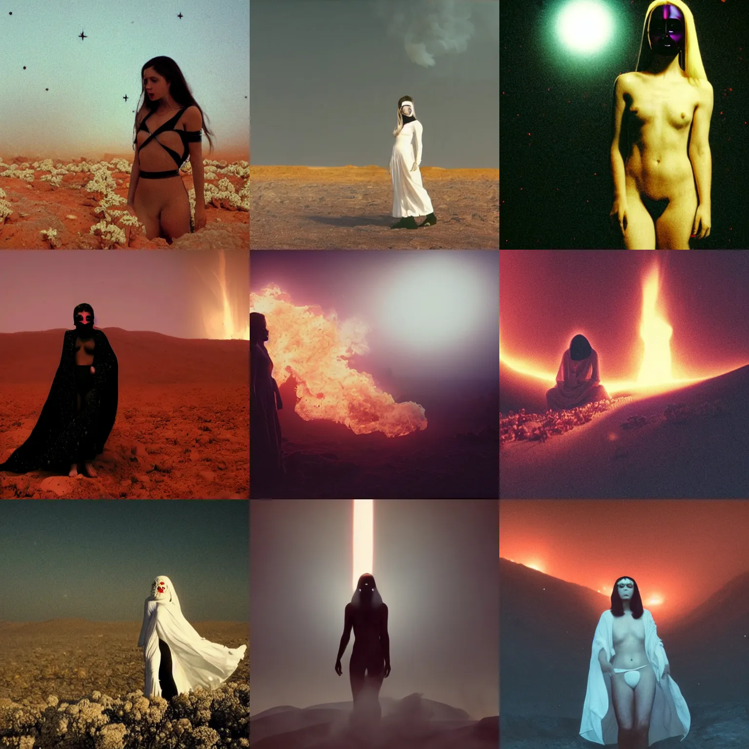 Prompt: The full body shot of beautiful pale woman with white flowers and full-face golden mask inside a thick black smoke in rocky desert landscape, glowing eyes everywhere, falling star on the horizon, burning earth by Gaspar Noe and Christopher Doyle, anamorphic lens, anamorphic lens flares, kodakchrome, cinematic composition, practical effects, award winning photo, 8k